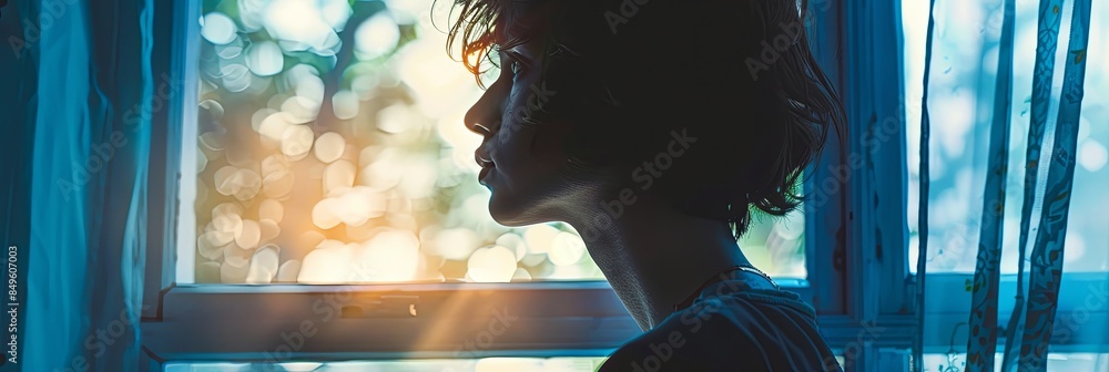 Poster a person stands near a window, looking out with a distant expression. soft natural light streams thr