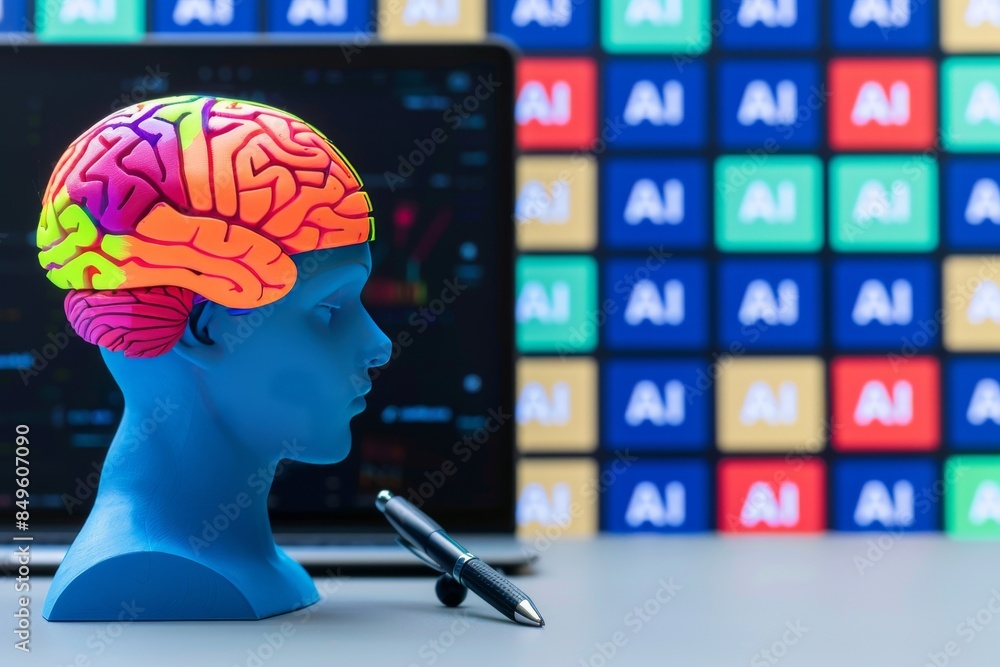 Poster ai brain illustration with colorful elements, representing artificial intelligence, cognitive scienc