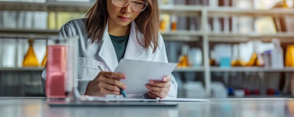 Female scientist with white coat is focused on paperwork in a well-equipped laboratory environment