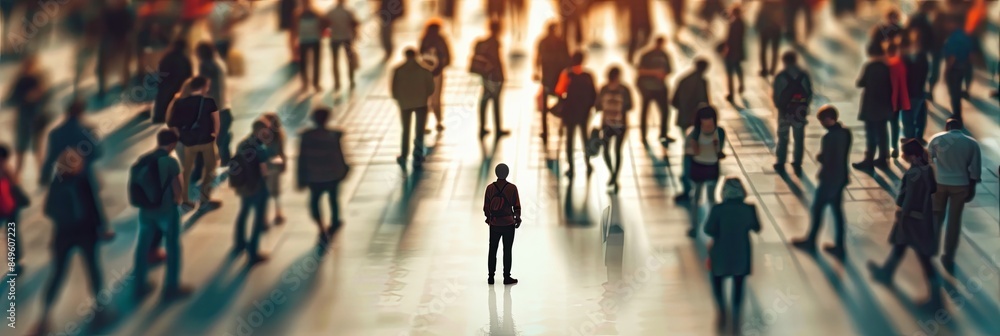 Aufkleber a lone individual stands in the center of a bustling public area, surrounded by people but seemingly