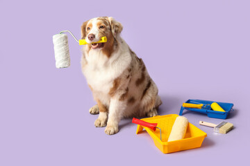 Cute dog and decorator's tools on lilac background