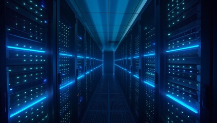 Modern Data Center with Rows of Server Cabinets Illuminated by Blue LED Lights, Technology Behind Cloud Services