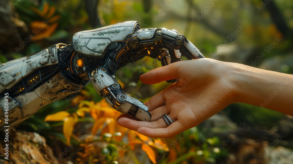 Poster a robot hand is touching a human hand. the scene is set in a forest with lots of trees and foliage. 