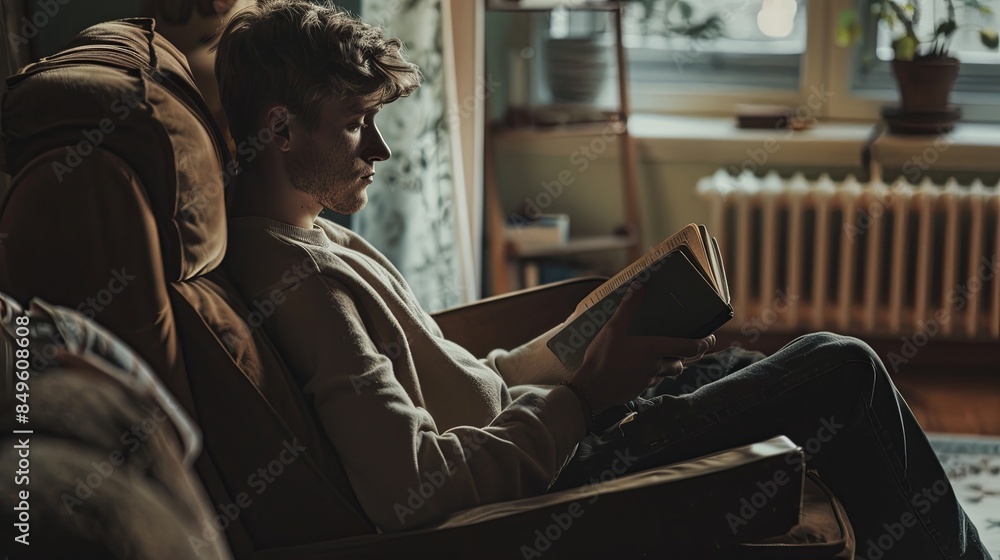 Poster a young man sits in a leather armchair, holding a book but lost in contemplation. the soft lighting 