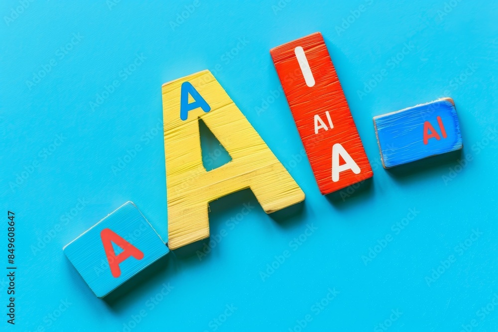 Poster ai letters with colorful blocks, symbolizing artificial intelligence, cognitive computing, and innov