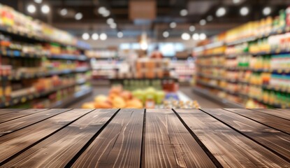 Wooden Table Surface in Supermarket Setting, Ideal for Product Display or Montage