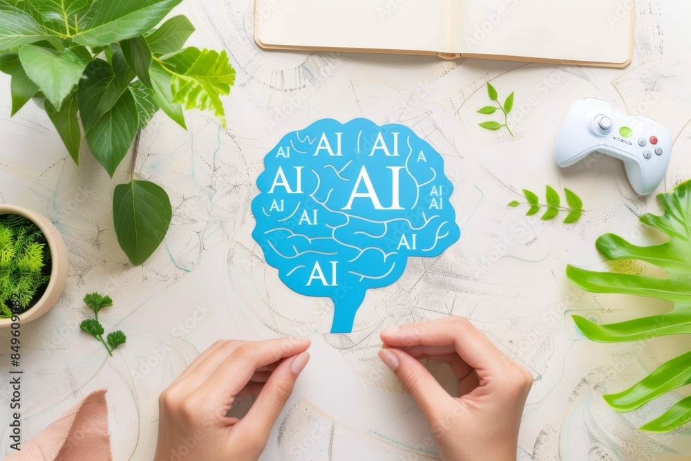 Poster hands holding an ai brain model, representing artificial intelligence, cognitive science, and innova
