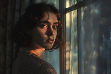 Fototapeta premium A young woman with short brown hair gazes out a window with a pensive expression, soft light creating shadows and a sense of intimacy in the dimly lit room. Generative AI