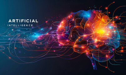 Digital AI Human Brain Concept Illustration with Colorful Lines Representing Artificial Intelligence and Technology Trends at Night