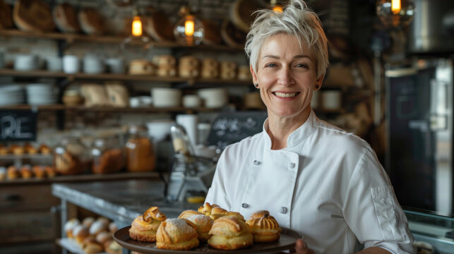 Middle-Aged Female Chef Portrait, Professional Environment, Diverse Workforce, Corporate Photography, Team Collaboration, Engaged Employees, Authentic Work Settings.