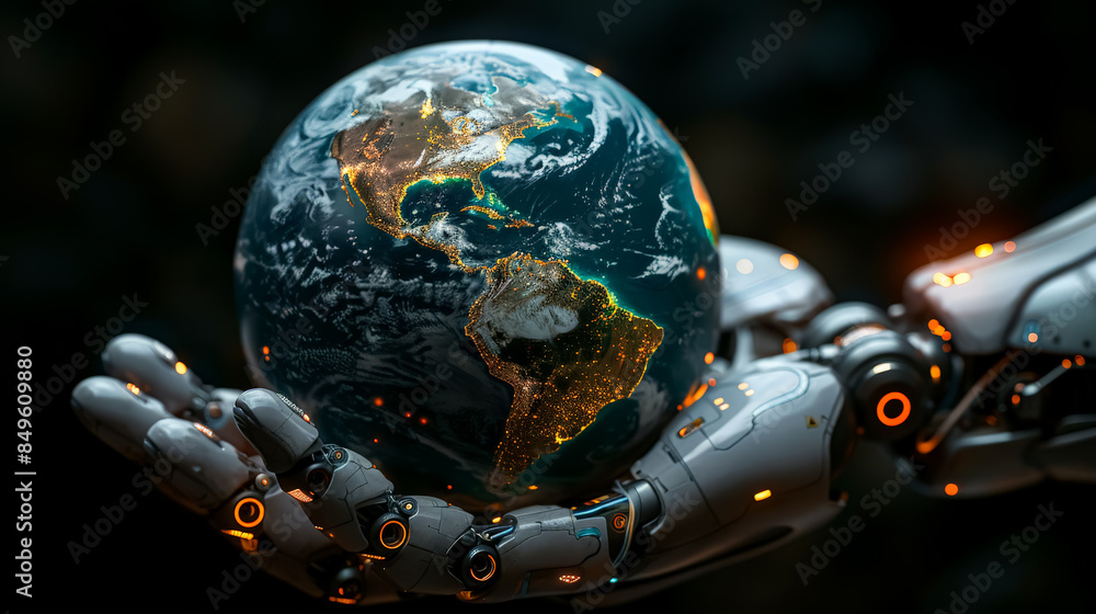 Poster a robot is holding a globe in its hand. the robot is made of metal and has a robotic arm. the globe 