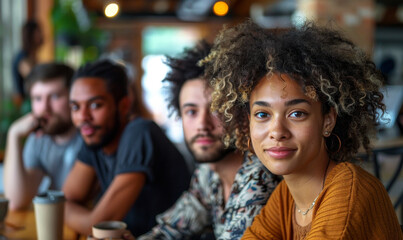 Diverse Group of Young Professionals Collaborating in Cozy Cafe Setting with Warm Lighting and Casual Atmosphere