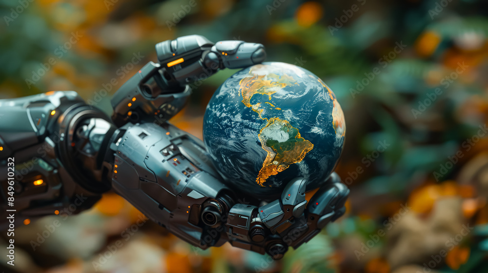 Aufkleber a robot is holding a globe in its hand. the robot is made of metal and has a robotic arm. the globe 