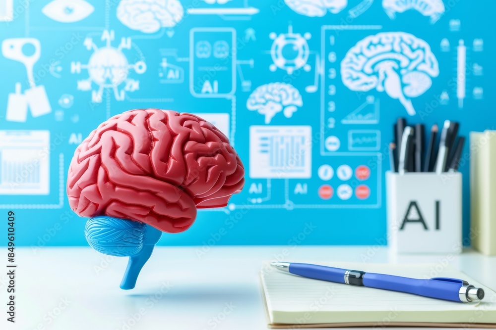 Poster 3d brain model with ai elements, representing artificial intelligence, cognitive science, and innova