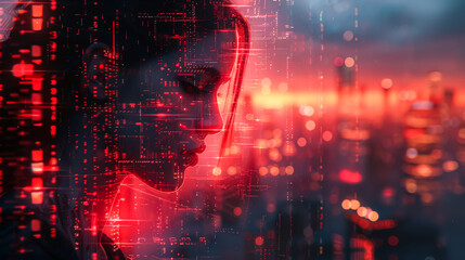 A woman's face is shown in a digital image with a city background. The image has a futuristic and abstract feel to it, with the woman's face appearing as a pixelated version of herself