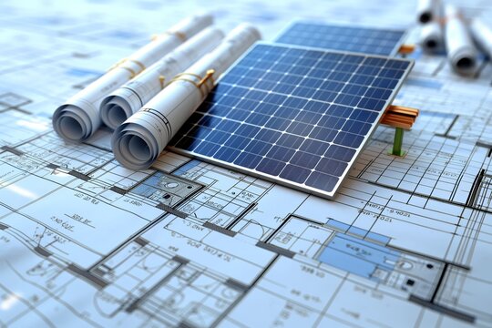 A close-up of solar energy panels over architectural blueprints, highlighting alternative energy concepts