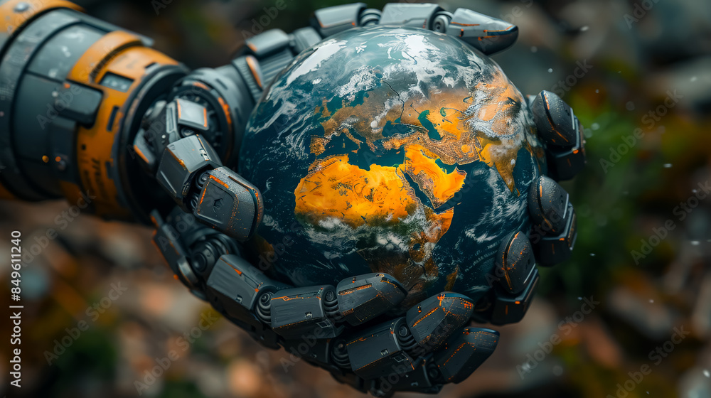 Poster a robot is holding a globe in its hand. the robot is made of metal and has a robotic arm