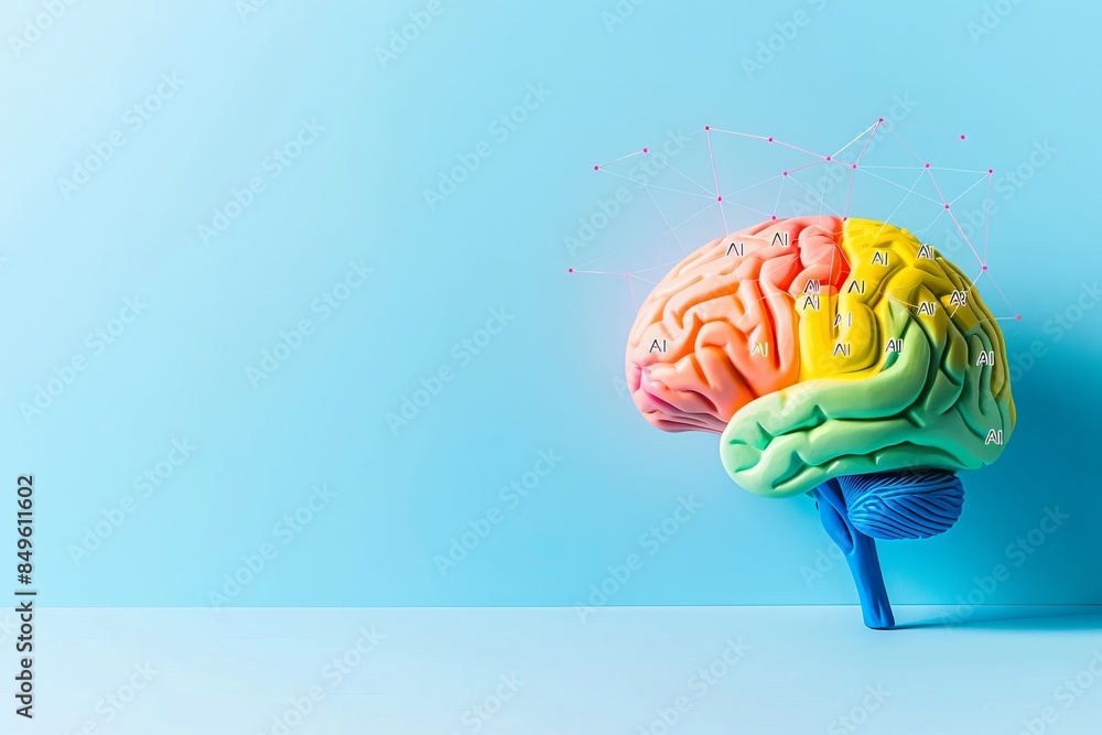 Poster vibrant 3d brain model, representing artificial intelligence, cognitive computing, and innovative te