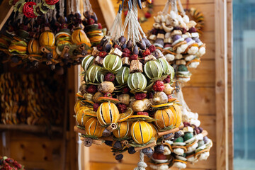 Strong winter fragrance. Combination of shapes and fragrances on street market in Europe. Bundle of dried natural flavors. New Year and Christmas fair. Original souvenir from Budapest, Hungary
