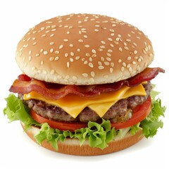 A photo of an American style cheeseburger with lettuce, tomato, and bacon on the side. The golden brown bun has small white seeds in it. Melted cheddar is against each patty, with crisp lettuce 