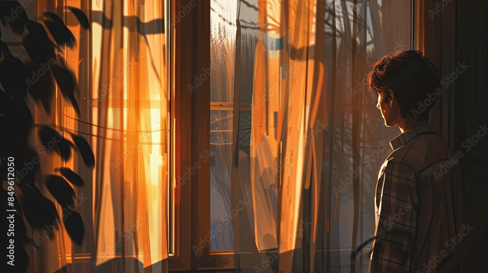 Poster a person stands by a window, their face partially obscured by shadows cast by the setting sun. soft 