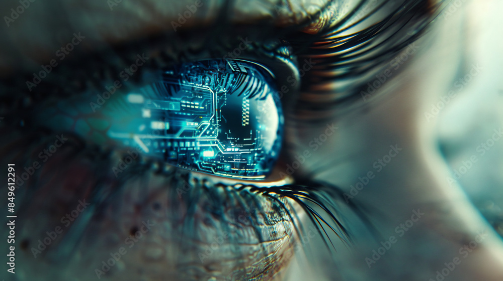 Poster Futuristic cyborg with a circuit board reflecting in their eye is imagining the future