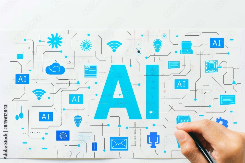 Poster creative illustration of a brain with ai connections, representing artificial intelligence, cognitiv