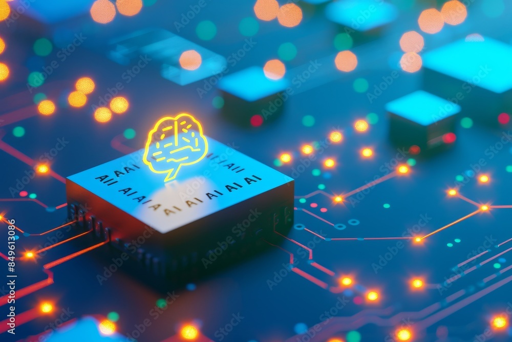 Poster creative illustration of a brain with ai connections, representing artificial intelligence, cognitiv