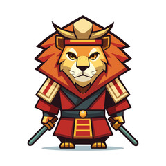 Lion samurai, cartoon illustration of an anthropomorphic lion on a white background. Vector illustration