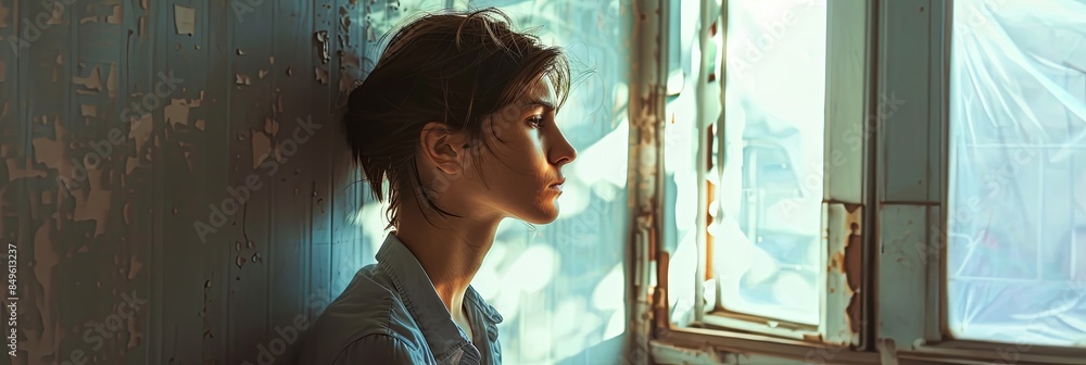 Poster a person stands by a window, their face illuminated by soft natural light, as they gaze out with a d
