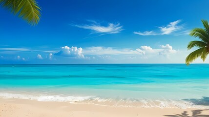 Fototapeta premium background of sea and beach landscape with palm trees and a small boat