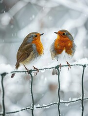 Birds on snowy fence