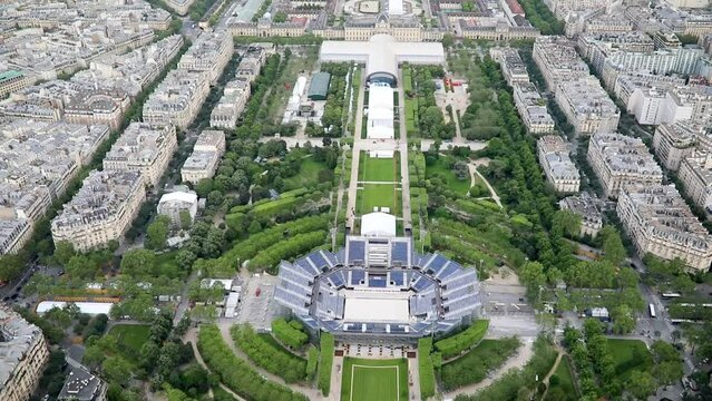 Aerial scenic view of Field of Mars with large stadium and bleachers in Paris, France