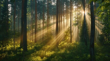 Obraz premium Sunlight piercing through the trees in the forest during the morning mist