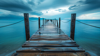 Old wooden pier stretching into the ocean under a dramatic sky