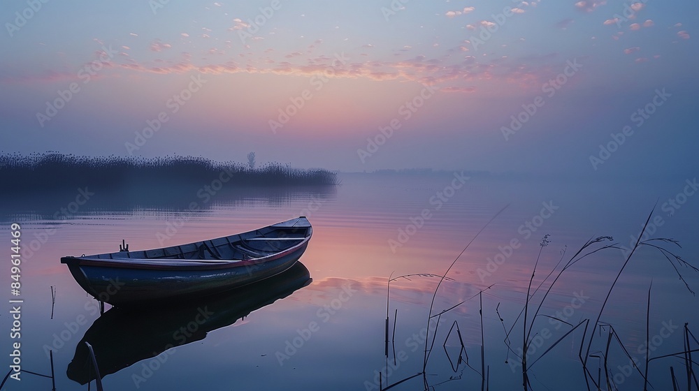 Sticker a boat is sitting on the water at sunset