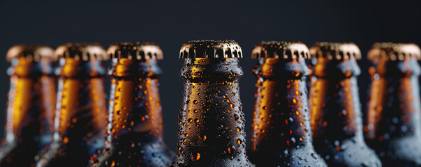 Row of beer bottles sitting on top of a table. Suitable for beer promotions and advertisements