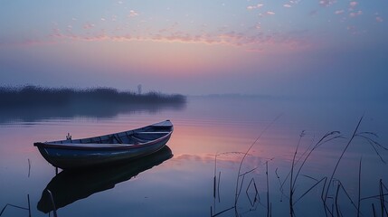 a boat is sitting on the water at sunset