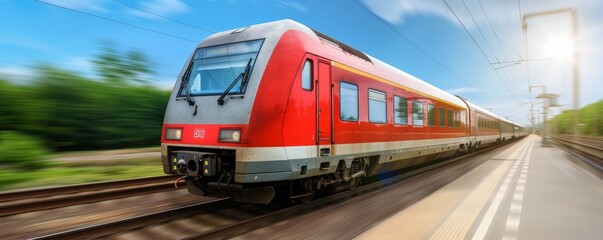 Fototapeta premium High-speed train with a red and gray color scheme blurred by motion as it travels along the tracks