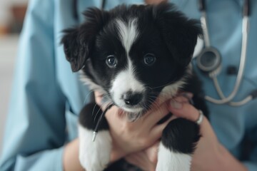 A veterinarian wearing a blue uniform holds a cute black and white puppy. The scene is calm and reassuring.