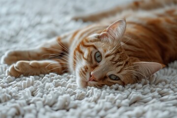 Orange tabby cat lying on a white carpet, looking forward with a relaxed and elegant posture