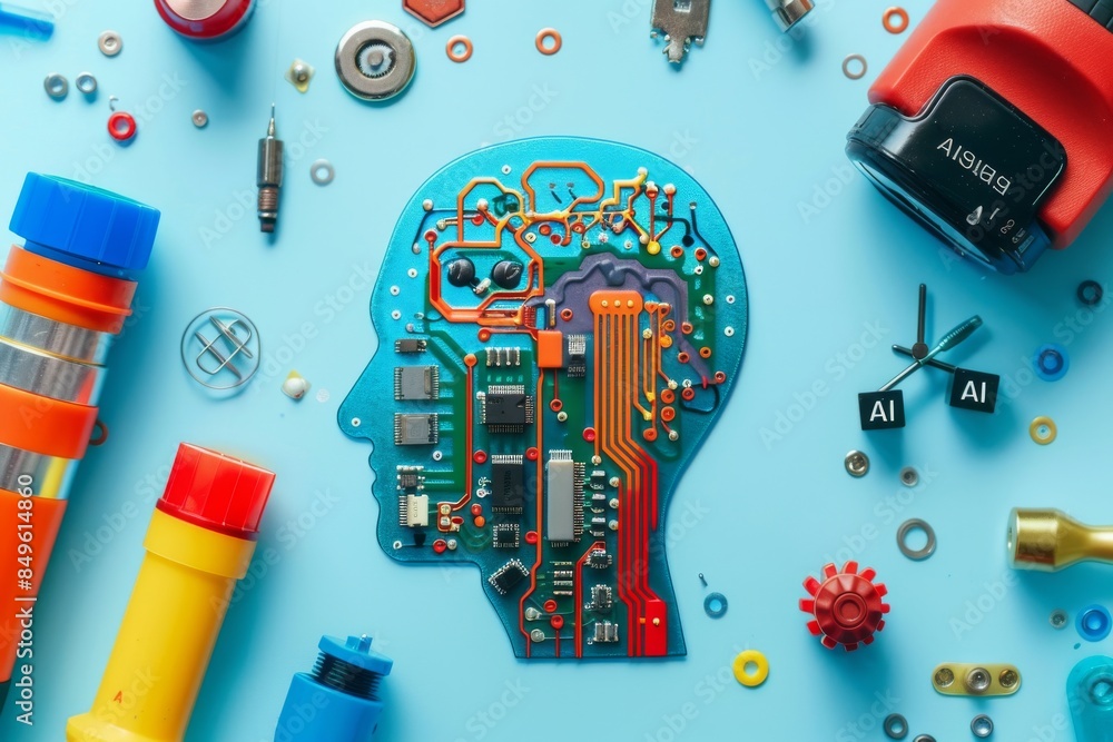 Poster colorful ai brain model with tools, representing artificial intelligence, cognitive computing, and i