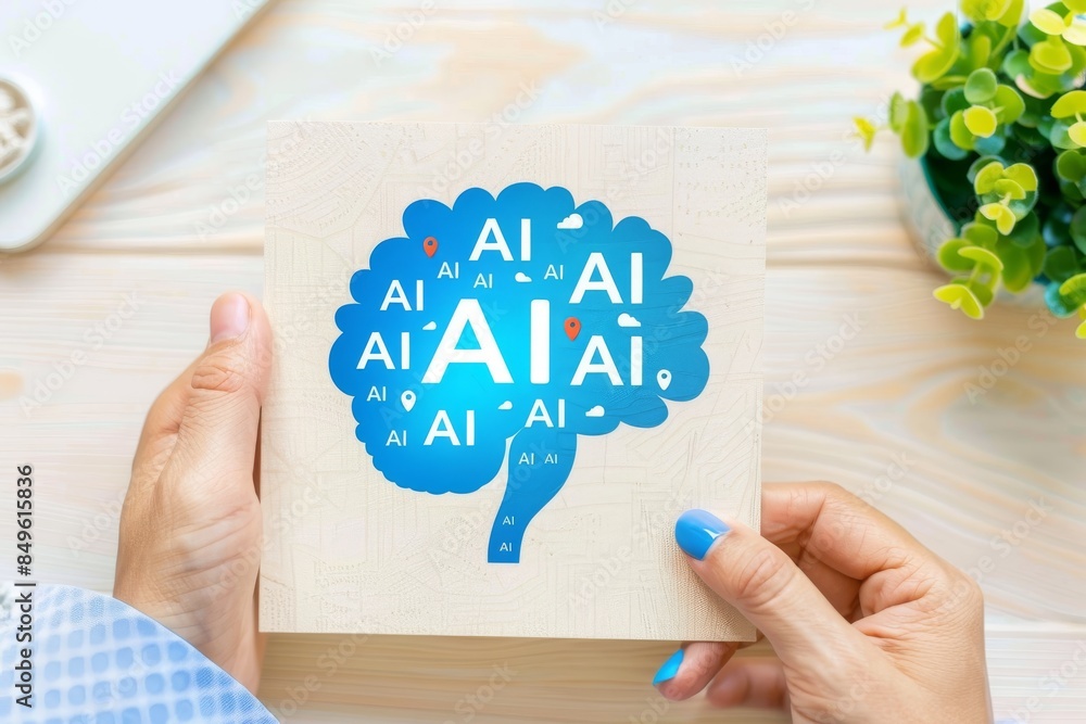 Poster creative ai brain illustration with hands, representing artificial intelligence, cognitive computing