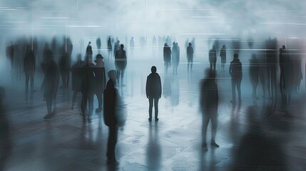 A solitary individual stands in a crowded room, but the surrounding people are blurred and indistinct, highlighting their isolation despite being surrounded. Generative AI