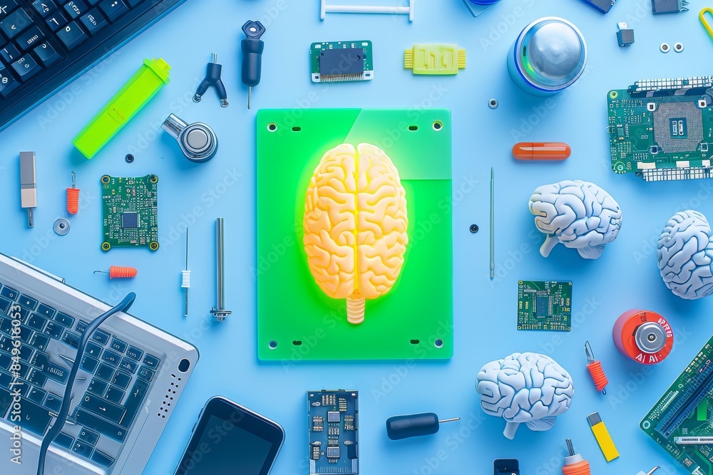 Poster ai brain on a green circuit board, symbolizing artificial intelligence, data processing, and smart t