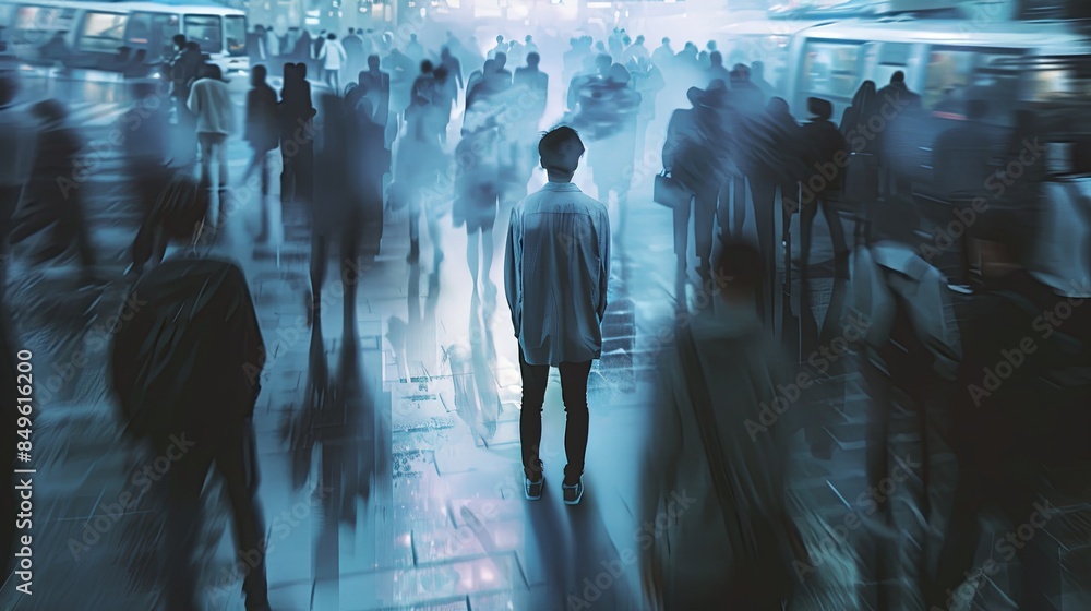 Poster a solitary individual stands in a bustling city setting, appearing isolated and disconnected as the 