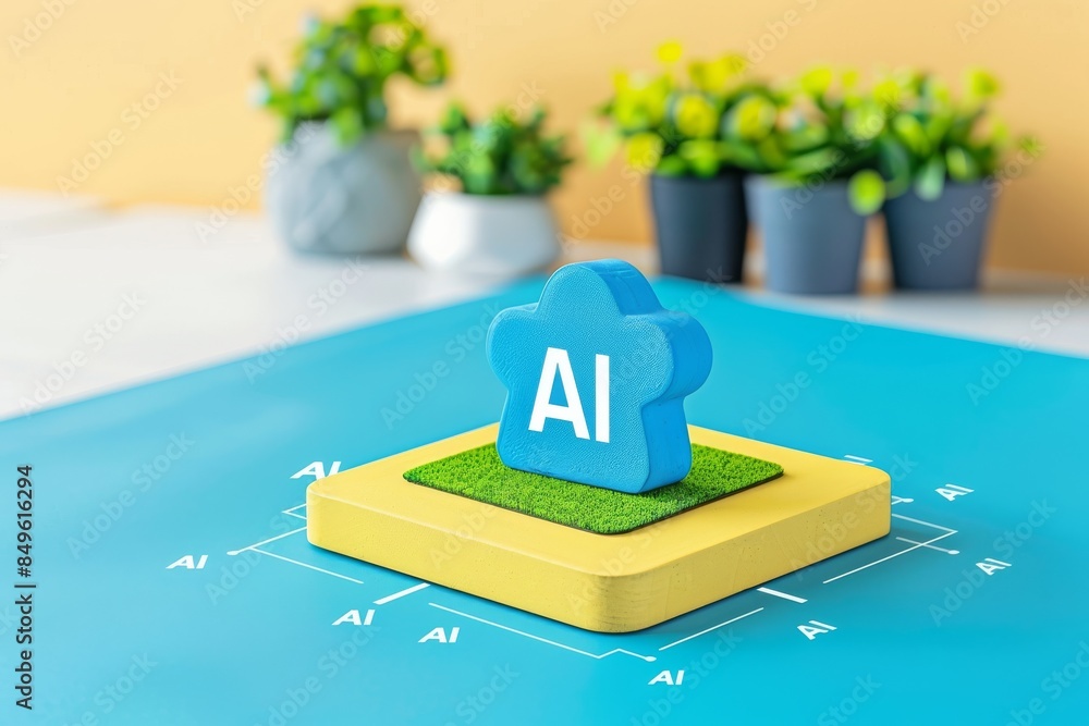 Poster ai brain model on a platform, symbolizing artificial intelligence, cognitive computing, and innovati