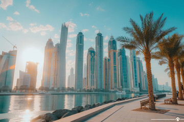 Obraz premium A picturesque waterfront cityscape with palm trees and modern buildings, bathed in the golden light of sunset, epitomizing urban beauty
