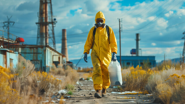 worker Scientist with radioactivity wearing a yellow protective suit