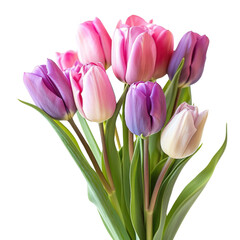 Obraz premium Colorful tulip bouquet with pink and purple flowers on solid white background, single object 